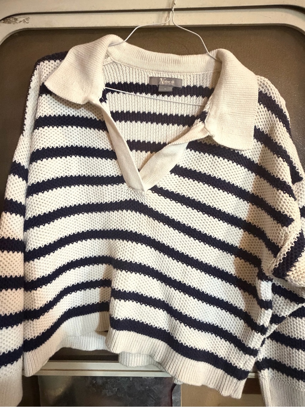 Natural Reflections Striped Collared Knit Sweater - Navy and Cream